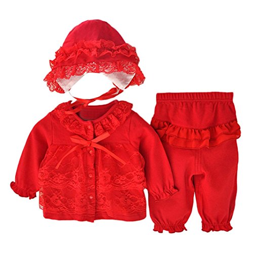 Product Cover Allywit Newborn Infant Baby Girls Clothing Lace Cardigan+Long Pant+Cap Hat Set Outfit
