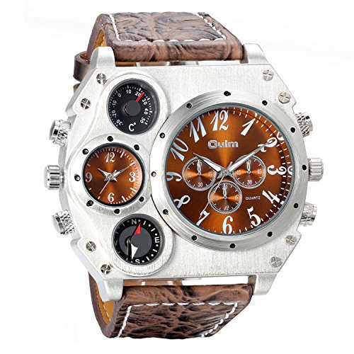 Product Cover Avaner Mens Big Face Watch, Unique Cool Military Wrist Watch, Dual Time Zone Leather Strap Sport Watch, Analog Quartz Display with Decorative Compass Thermometer Dial