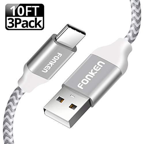 Product Cover USB Type C Cable, FONKEN USB C Cable (3-Pack,10FT) USB C to USB A Data Cable Nylon Braided Fast Charging Cord for Compatible Samsung Galaxy S8 S9 Note 8,LG G6 V30, Google Pixel, New MacBook (White)