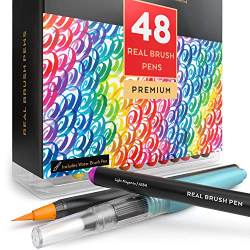 Product Cover Arteza Real Brush Pens, 48 Colors for Watercolor Painting with Flexible Nylon Brush Tips, Paint Markers for Coloring, Calligraphy and Drawing with Water Brush for Artists and Beginner Painters