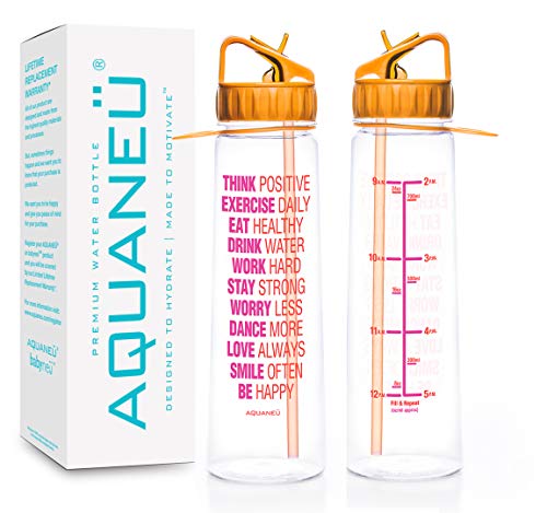 Product Cover AQUANEÜ 30oz Motivational Inspirational Fitness Workout Sports Water Bottle with Time Marker | Measurements | Goal Marked Times Bottle for Measuring Your H2O Intake, BPA Free Non-Toxic (Think Orange)