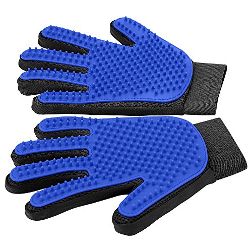 Product Cover [Upgrade Version] Pet Grooming Glove - Gentle Deshedding Brush Glove - Efficient Pet Hair Remover Mitt - Enhanced Five Finger Design - Perfect for Dog & Cat with Long & Short Fur - 1 Pair (Blue)