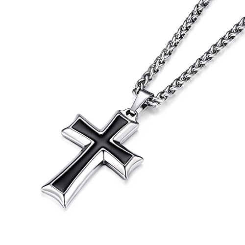 Product Cover HZMAN Mens Stainless Steel Cross Pendant Necklace Flower Basket Chain (Silver)