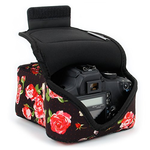 Product Cover USA GEAR DSLR Camera Sleeve Case (Floral) with Neoprene Protection, Holster Belt Loop and Accessory Storage - Compatible with Nikon D3400, Canon EOS Rebel SL2, Pentax K-70 and Many More