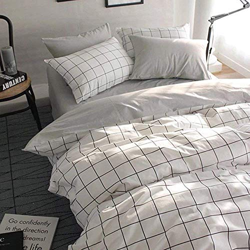 Product Cover VClife Queen/Full Duvet Cover Set Cotton Bedding Set Collection with 2 Pillow Shams Grey White Checkered Style
