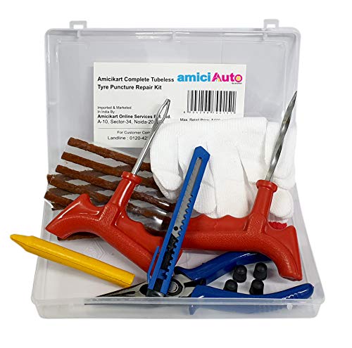 Product Cover amiciAuto Complete Tubeless Tyre Puncture Repair Kit with Box (Nose Pliers + Cutter + Extra Strips)