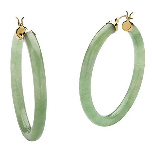 Product Cover 10K Yellow Gold Round Genuine Green Jade Hoop Earrings (45mm)