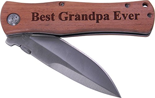 Product Cover Best Grandpa Ever Folding Pocket Knife - Great Gift for Father's Day, Birthday, or Christmas Gift for Dad, Grandpa, Grandfather, Papa (Wood Handle)