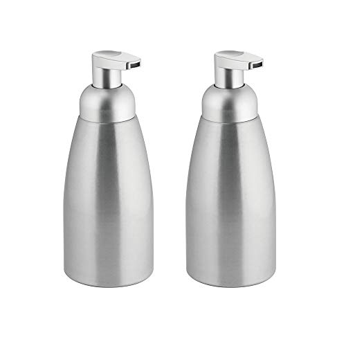 Product Cover mDesign Modern Metal Foaming Soap Dispenser Pump Bottle for Kitchen Sink Countertop, Bathroom Vanity, Utility/Laundry Room, Garage - Save on Soap - Rust Free Aluminum - 2 Pack - Brushed/Silver