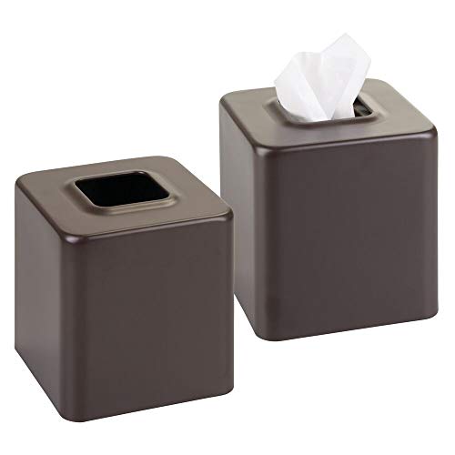 Product Cover mDesign Modern Square Metal Paper Facial Tissue Box Cover Holder for Bathroom Vanity Countertops, Bedroom Dressers, Night Stands, Desks and Tables - 2 Pack - Matte Brown