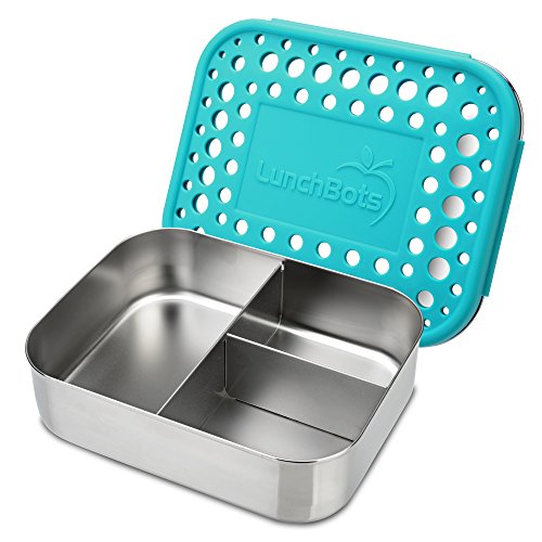 Product Cover LunchBots Medium Trio II Snack Container - Divided Stainless Steel Food Container - Three Sections for Snacks On the Go - Eco-Friendly, Dishwasher Safe, BPA-Free - Stainless Lid - Aqua Dots