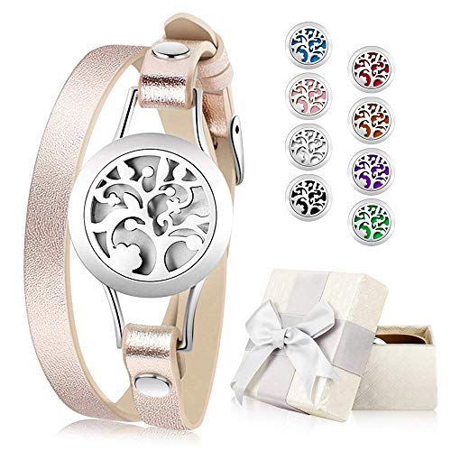 Product Cover Essential Oil Diffuser Bracelet, Aromatherapy Bracelet Jewelry Stainless Steel Locket Leather Band with 8pcs Washable Refill Pads Birthday Gifts for Women,Girlfriend, Mother,Sister,Aunt.