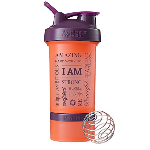 Product Cover GOMOYO Motivational Quotes on Blender Bottle Brand ProStak Shaker Cup, 22 Ounce Protein Shaker Bottle with BlenderBall Whisk and Two Twist n' Lock Attachable Containers (I Am - Coral/Plum)