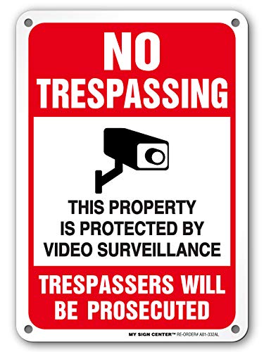 Product Cover No Trespassing Sign, 24 Hour Video Surveillance Sign, Trespassers Will Be Persecuted, for CCTV Monitoring System, Outdoor Rust-Free Metal, 7