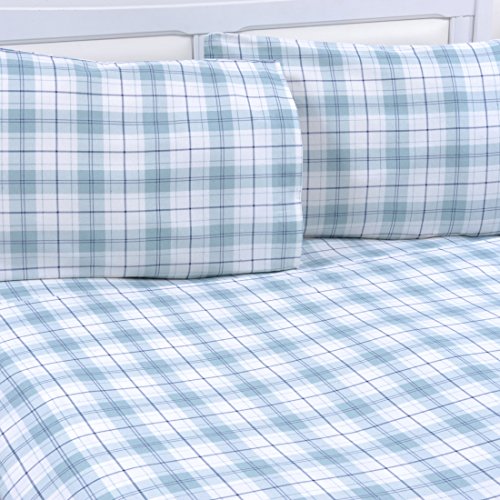 Product Cover Mellanni Queen Flannel Sheet Set - 4 pc Printed Luxury 100% Cotton - Lightweight Bed Sheets - Cozy, Soft, Warm, Breathable Bedding - Deep Pockets - All Around Elastic (Queen, Plaid Blue - Green)