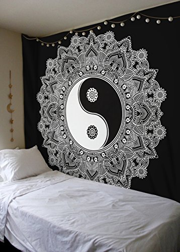 Product Cover Black and White Tapestry, Yinyang Wall Hanging Tapestry, Mandala Tapestries, Indian Traditional Cotton Printed Bohemian Hippie Large Wall Art by SheetKart
