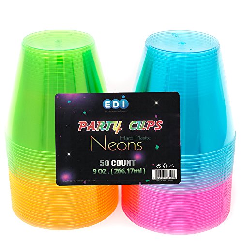 Product Cover EDI Hard Plastic Party Cups, 50-Count of 9-Ounce Cups, Assorted Neon Colors