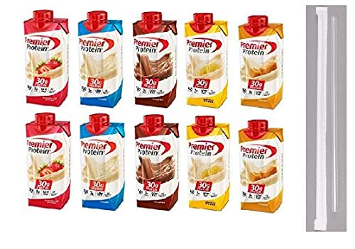 Product Cover Premier Protein Shakes Drinks - Low Carb High Protein Shakes Variety 10 Pack (30g) | 2 of Each Flavor - Chocolate, Strawberry, Vanilla, Banana & Caramel | Bonus of 10 Individually Wrapped Straws