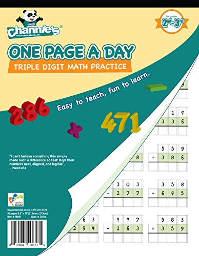 Product Cover Channie's One Page A Day Triple Digit Math Workbook worksheet for 2nd grade math, 3rd grade mathrade Simply Tear Off On Page a Day For Math Repetition Exercise!