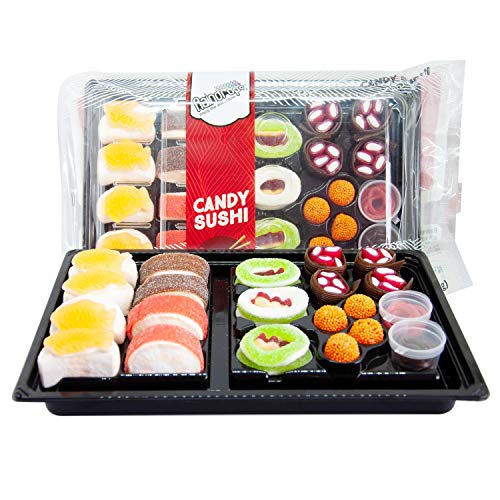 Product Cover Raindrops Gummy Candy Sushi Bento Box with 6 Kinds of Sushi Rolls and Garnishes - 1 Tray with 21 Sushi Bites of Marshmallows, Licorice, Sour Strips, Gummi Bears and Fish - Fun and Unique Candy Gifts