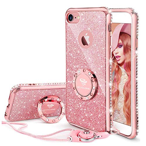 Product Cover iPhone 6 6s Case, Glitter Cute Phone Case Girls with Kickstand, Bling Diamond Rhinestone Bumper Ring Stand Thin Soft Protective Sparkly Luxury Pink Apple iPhone 6 6s Case for Girl Women - Rose Gold