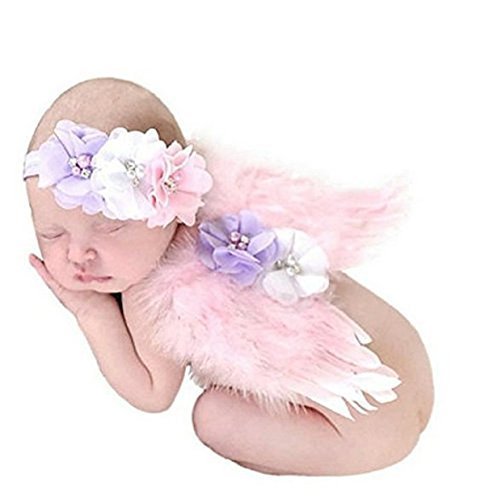 Product Cover Photo Prop Outfit Baby Girl Angel Feather Wing Costume Chiffon with Headband Newborn Photo Prop Costume (Pink)