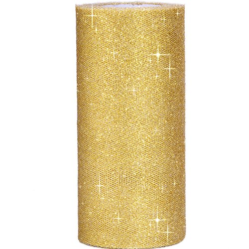 Product Cover Outus 6 Inch Sparkling Tulle Ribbon Roll Glitter Tulle Roll Tulle Spool, 25 Yards, Gold