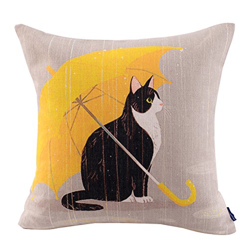 Product Cover JES&MEDIS Cute Cat Theme Print Square Throw Pillow Cover Cotton Linen Spring Home Decorative Cushion Case for Bed Office Car 18 x 18 Inches, Yellow Umbrella Cat