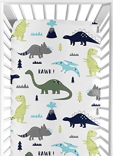 Product Cover Sweet Jojo Designs Fitted Crib Sheet for Blue and Green Modern Dinosaur Baby/Toddler Bedding Set Collection - Dinosaur Print