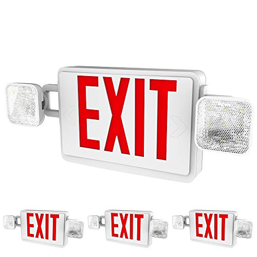 Product Cover Sunco Lighting 4 Pack Double Sided LED Emergency EXIT Sign, Two LED Flood Lights, Backup Battery, US Standard Red Letter Emergency Exit Lighting, Commercial Grade, Fire Resistant