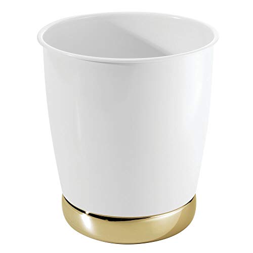 Product Cover mDesign Round Metal Small Trash Can Wastebasket, Garbage Container Bin for Bathrooms, Powder Rooms, Kitchens, Home Offices - Durable Solid Steel - White/Soft Brass