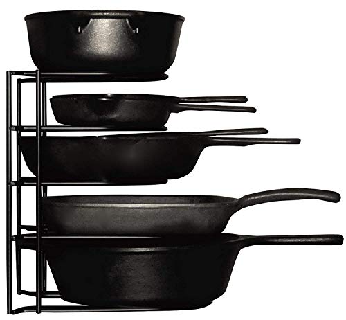 Product Cover Heavy Duty Pots and Pans Organizer - For Cast Iron Skillets, Pots, Frying Pans, Lids | 5-Tier Durable Steel Rack for Kitchen Counter & Cabinet Storage and Organization - No Assembly Required [Black]