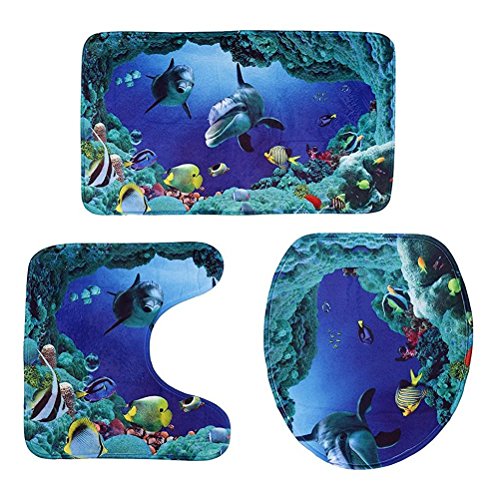 Product Cover NUOLUX 3pcs/Set Ocean Style Underwater World Dolphin Carpe Toilet Mat