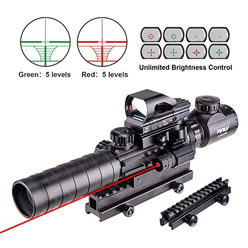 Product Cover Pinty Rifle Scope 3-9x32 Rangefinder Illuminated Reflex Sight 4 Reticle Red Dot Laser Sight with 14 Slots 1 inch High Riser Mount
