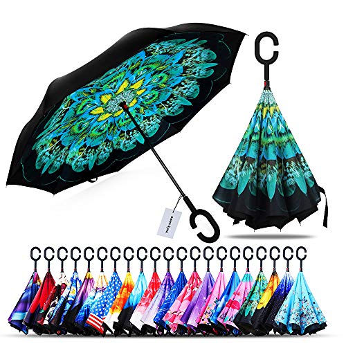 Product Cover Owen Kyne Windproof Double Layer Folding Inverted Umbrella, Self Stand Upside-Down Rain Protection Car Reverse Umbrellas with C-Shaped Handle (New Peacock)