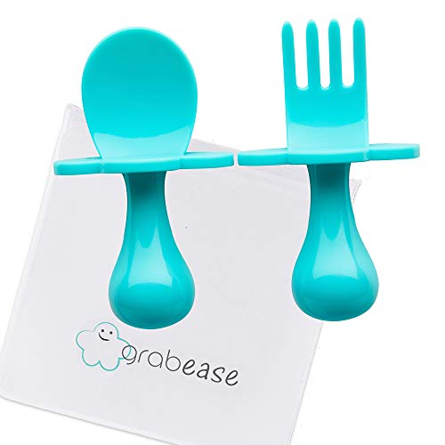 Product Cover GRABEASE First Self Feed Baby Utensils with a Togo Pouch - Anti-Choke, BPA-Free Baby Spoon and Fork Toddler Utensils - Toddler Silverware for Baby Led Weaning Ages 6 Months+, Teal