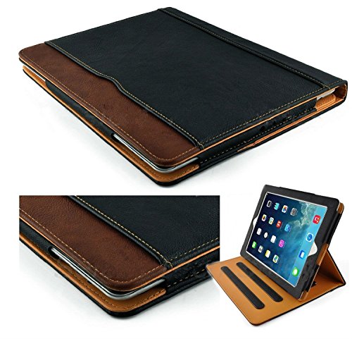 Product Cover New S-Tech Black and Tan Apple iPad Mini 1 2 3 Models Soft Leather Wallet Smart Cover with Sleep/Wake Feature Flip Case