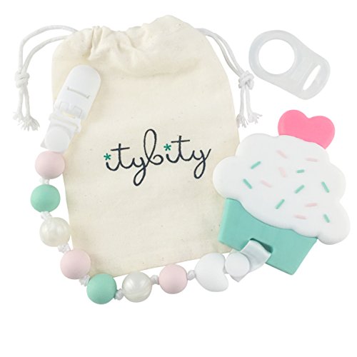 Product Cover Cupcake Teething Toy with Pacifier Clip Girl, Baby Gift Set (Pink, Mint, Pearl)