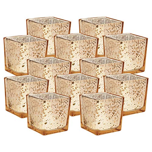 Product Cover Just Artifacts Mercury Glass Square Votive Candle Holder 2-Inch (12pcs, Speckled Gold) - Mercury Glass Votive Tealight Candle Holders for Weddings, Parties and Home Décor