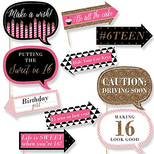 Product Cover Big Dot of Happiness Funny Chic Sweet Sixteen Birthday - Pink, Black and Gold - 16th Birthday Party Photo Booth Props Kit - 10 Piece