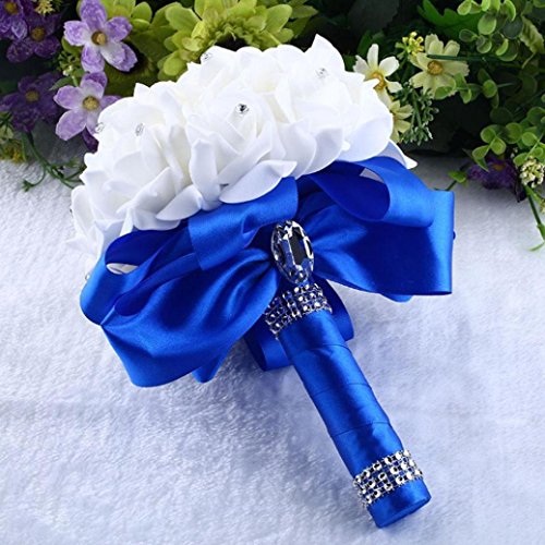 Product Cover Gotd Crystal Roses Pearl Bridesmaid Wedding Bouquet Bridal Artificial Silk Flowers (Blue)