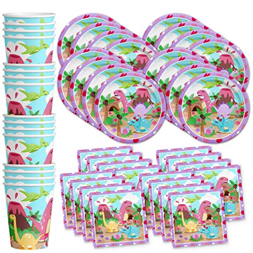 Product Cover Pink Little Dino Girl Dinosaur Birthday Party Supplies Set Plates Napkins Cups Tableware Kit for 16