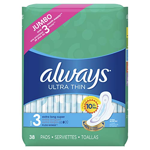 Product Cover Always Ultra Thin Feminine Pads for Women, Size 3, Extra Long, Super Absorbency, with Wings, Unscented, 38 count- Pack of 3 (114 Count Total) (Package May Vary)