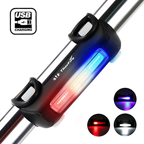 Product Cover ThorFire Bike Lights Ultra Bright Cycling Lights USB Rechargeable Bicycle Tail Light Red/Blue/White 7 Light Modes, High Intensity Rear LED Fits On Any Road Bikes, Helmets for Optimum Cycling Safety