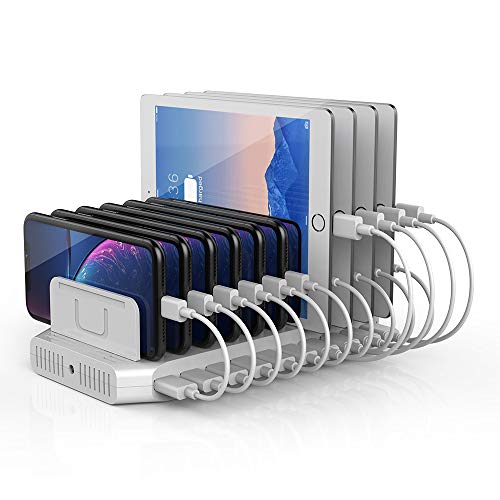 Product Cover iPad Charging Station, Unitek 96W 10-Port USB Charging Dock Hub with Quick Charge 3.0, Charging Stand Compatible Multiple Device, Charging 8 iPads Simultaneously - White [Upgraded Divider]