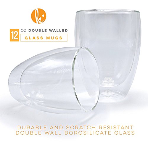Product Cover Glass Coffee or Tea Mugs Drinking Glasses Set of 2 - 12oz Double Wall Thermal Insulated Cups, Espresso Latte Cappuccino Stackable Glassware