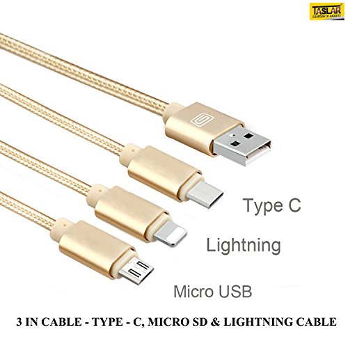 Product Cover TASLAR Earldom Series Type C Lightning Cable 3 in 1 Multiple USB Charging Cable Adapter Connector for Smartphones (Gold)