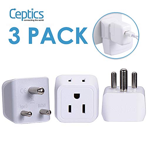 Product Cover India, Nepal, Pakistan Travel Adapter Plug by Ceptics - Type D (3 Pack) - Ultra Compact - Dual USA Input - Safe Grounded Perfect for Cell Phones, Laptops, Camera Chargers and More (CT-10)