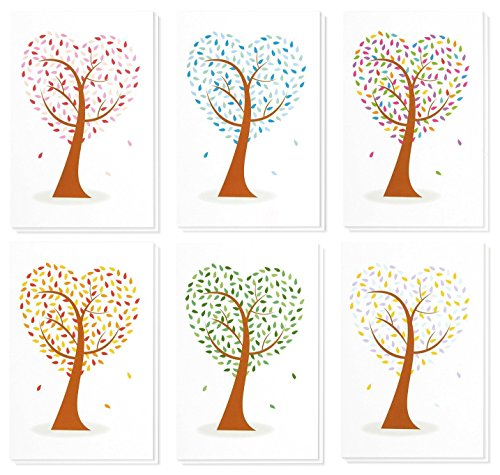 Product Cover 48 Pack All Occasion Assorted Blank Note Cards Greeting Cards Bulk Box Set - 6 Colorful Heart Shaped Tree Designs - Blank on the Inside Notecards with Envelopes Included - 4 x 6 Inches