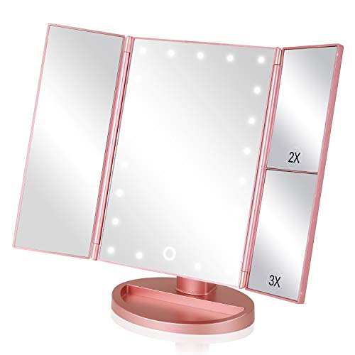 Product Cover EASEHOLD Makeup Vanity Mirror with 2X 3X Magnifying Dimmable 21 LED Lighted Desk Mirror Adjustable 180 Degree Rotation Touch Screen Dual Power Supply Countertop Portable Tri-Fold Mirror